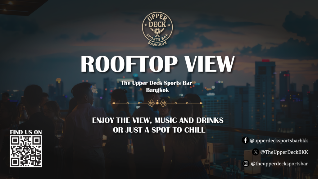 Rooftop area at Upperdeck Bangkok near BTS Asoke. Outdoor area with Screens, and plenty of tables available