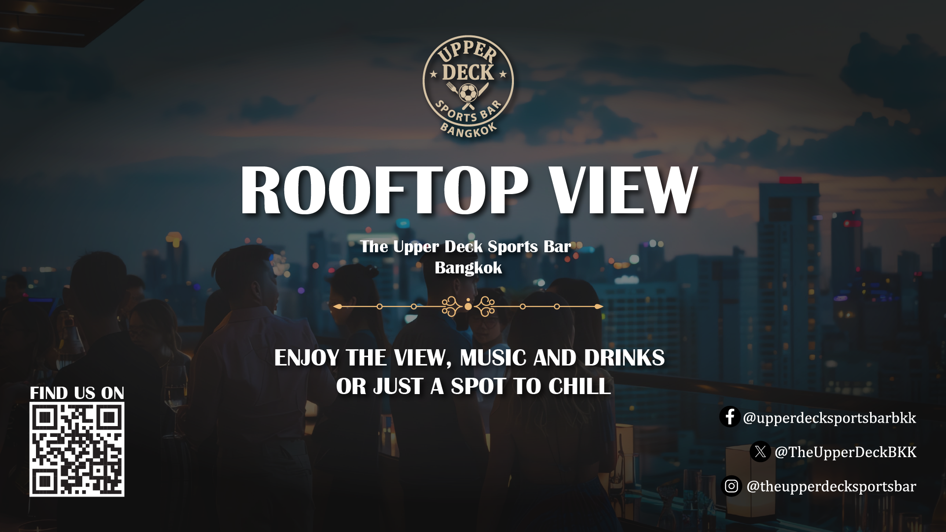 Rooftop area at Upperdeck Bangkok near BTS Asoke. Outdoor area with Screens, and plenty of tables available