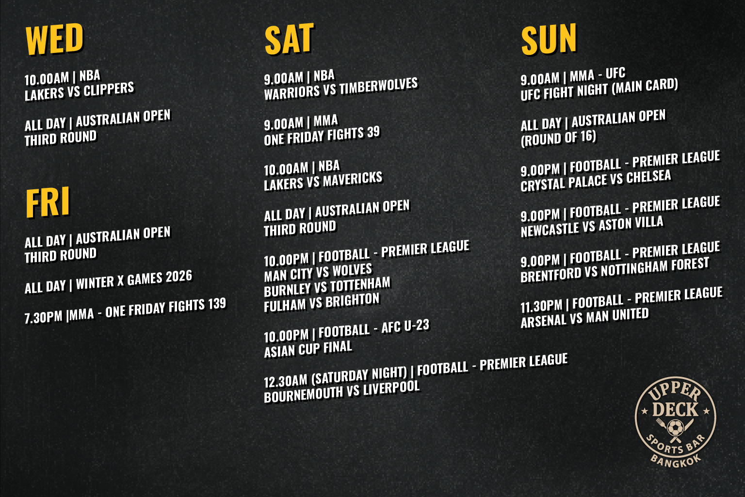 Upperdeck sports bar bangkok schedule showing live sports between 22-25 January 2026