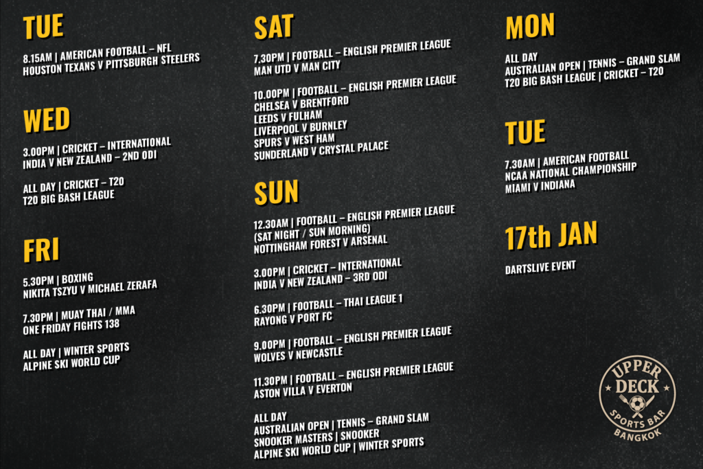 Upperdeck live sports schedule for 13-20 January 2026