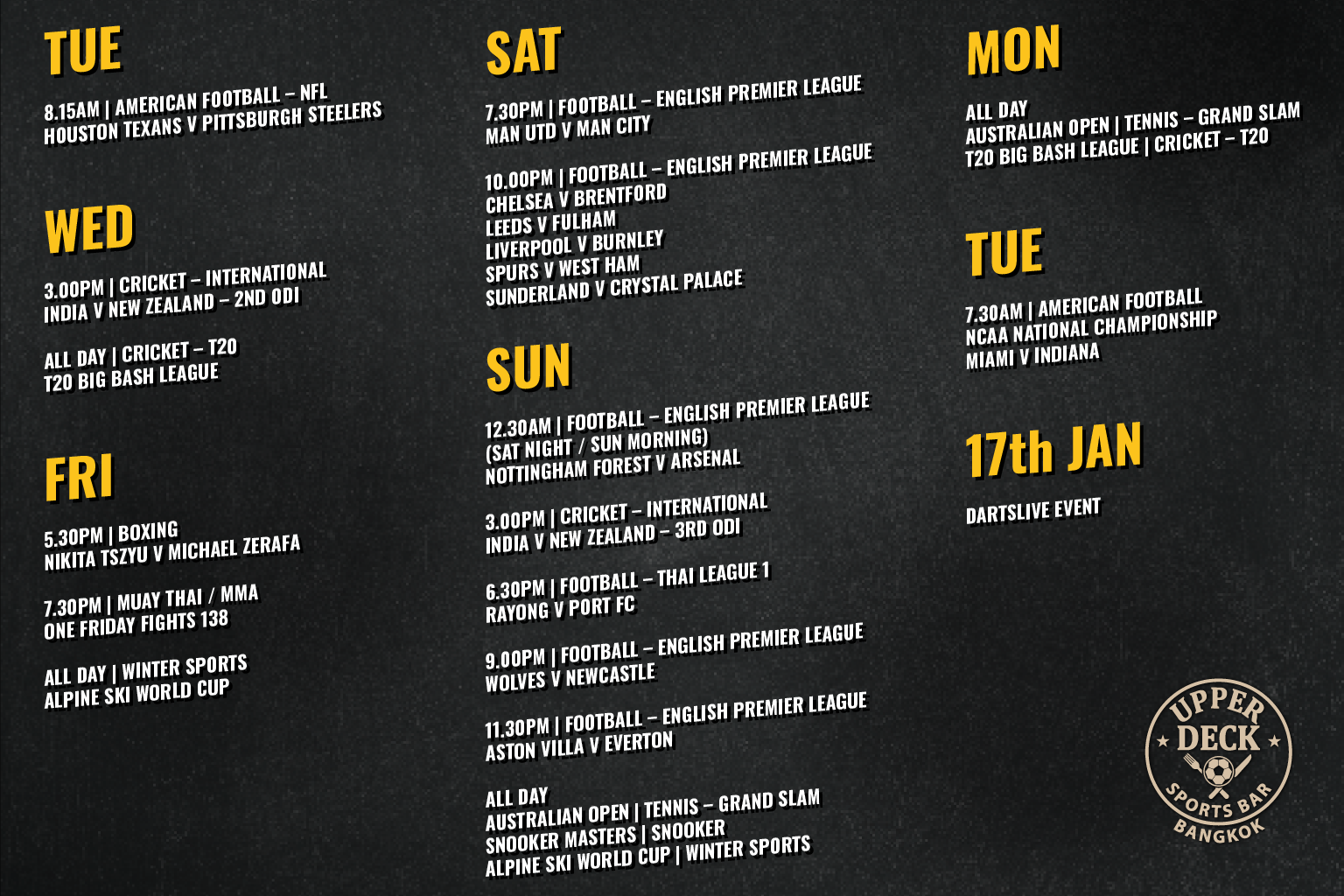 Upperdeck live sports schedule for 13-20 January 2026