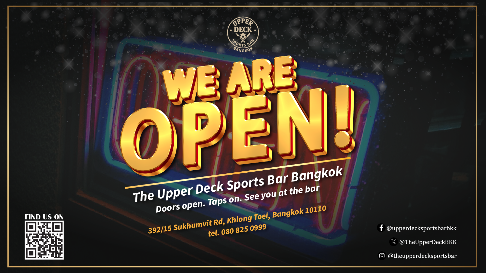 We Are Open banner showing Upper Deck Sports Bar Bangkok is now open for business