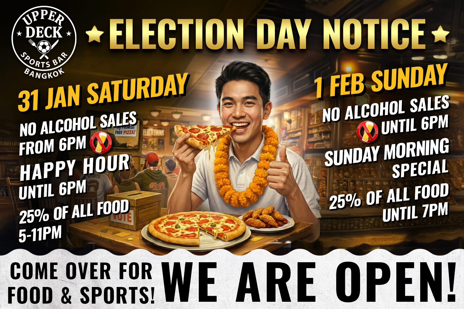 Thailand election day promotion, no alcohol sales but 25% off on all food