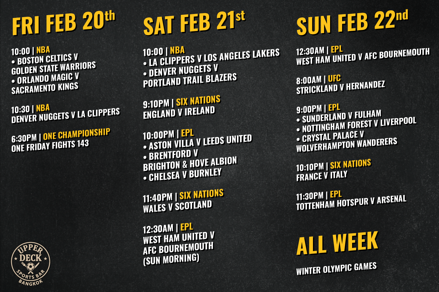 Upperdeck Sport schedule live sports between 16-22 Feb