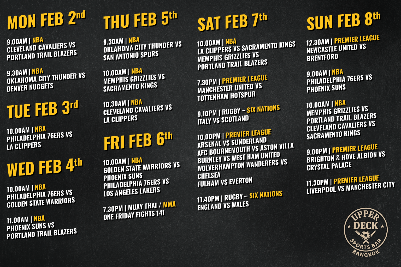 Upperdeck live sports schedule 2nd Feb until 8 Feb 2026.