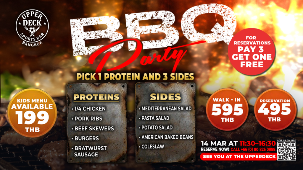 Saturday 14 March 2026 BBQ party at upperdeck with full selection of dishes available for the BBQ