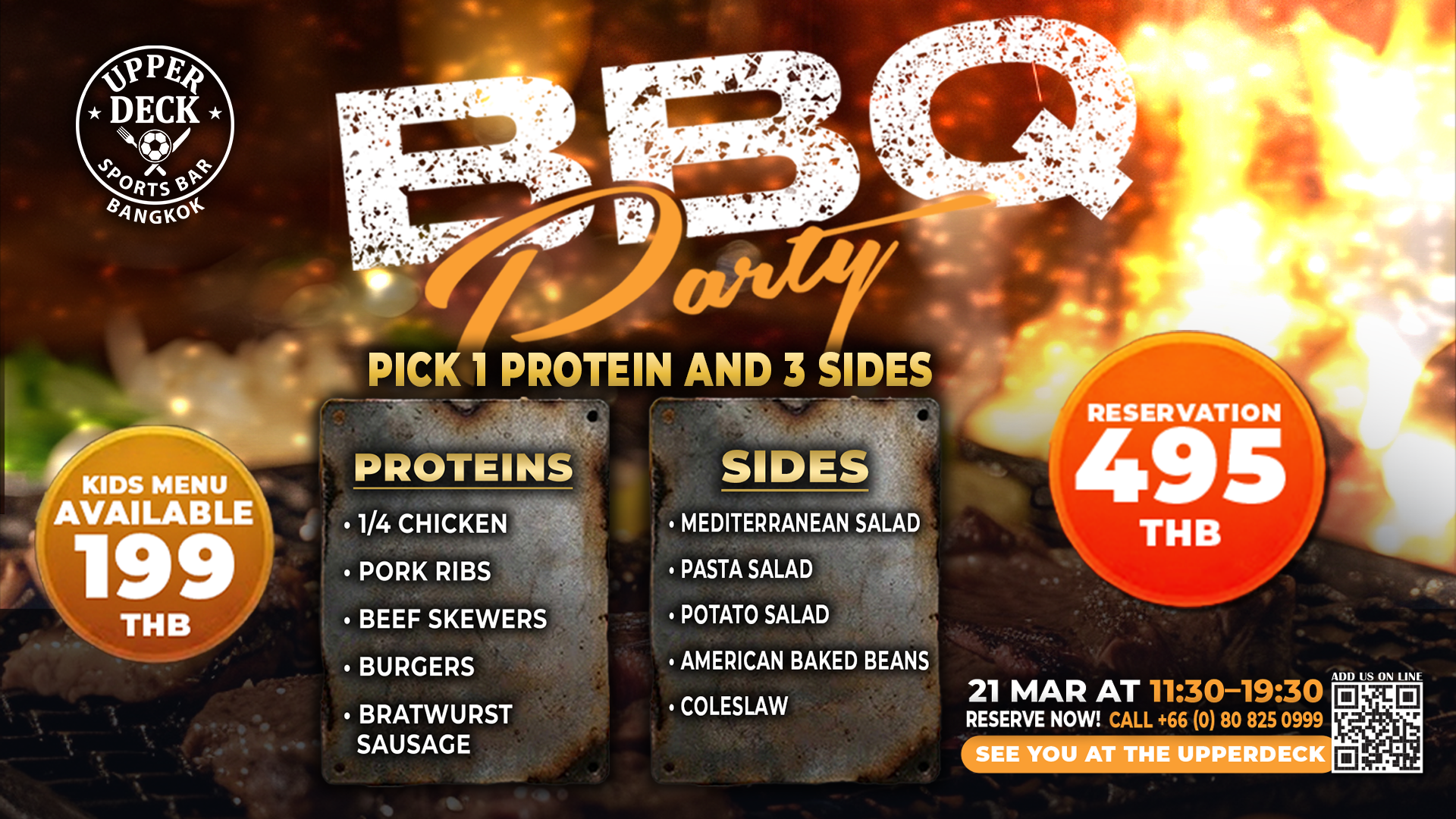 BBQ Party at Upper Deck Sports Bar Bangkok with proteins and sides menu