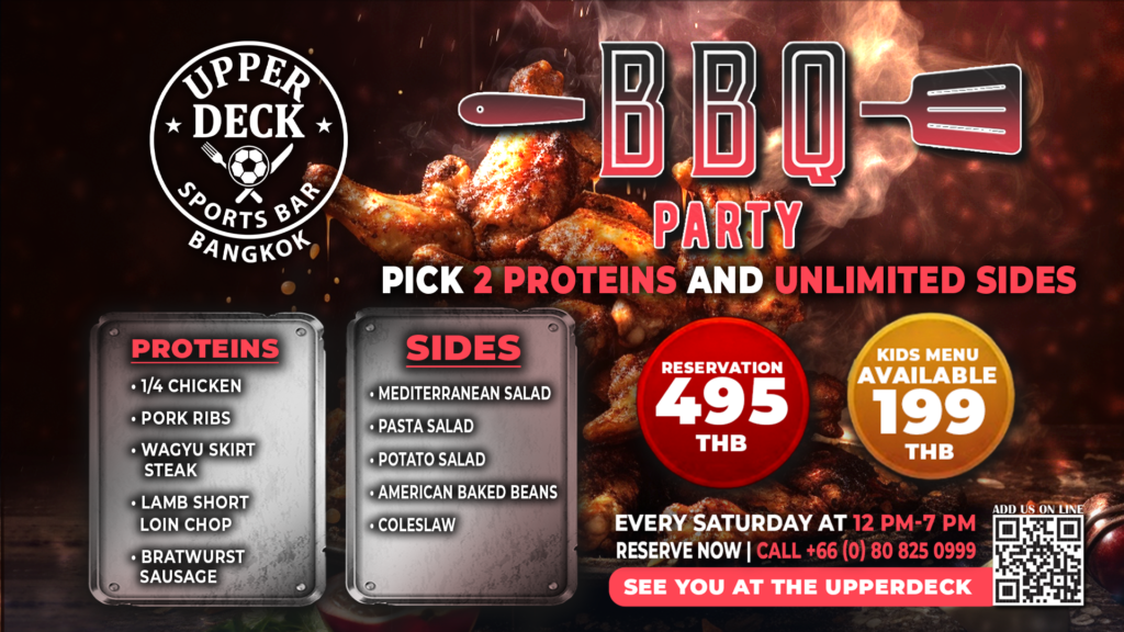 BBQ every saturday at upperdeck featuring picking 2 proteins and unlimited sides