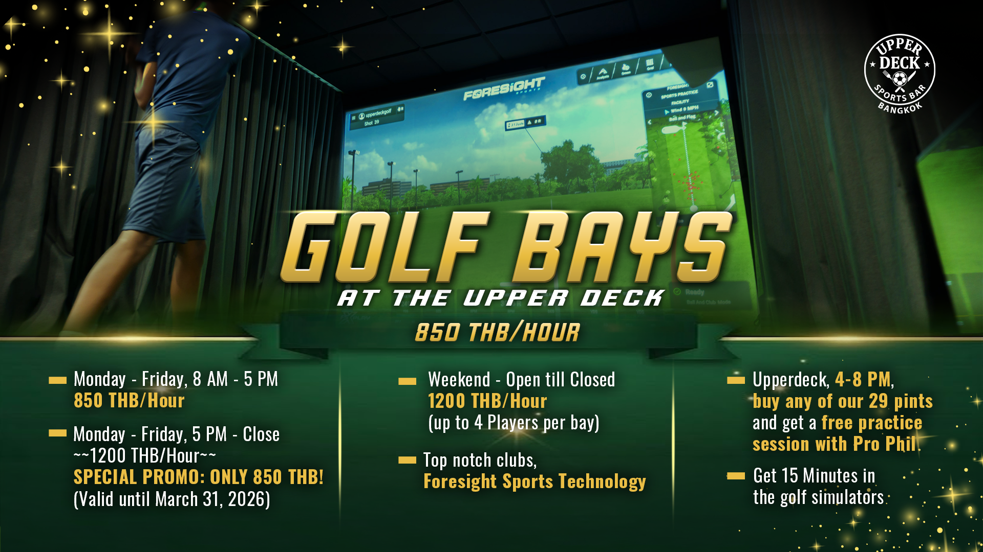 Foresight Sports golf simulator bays at Upper Deck Sports Bar Bangkok