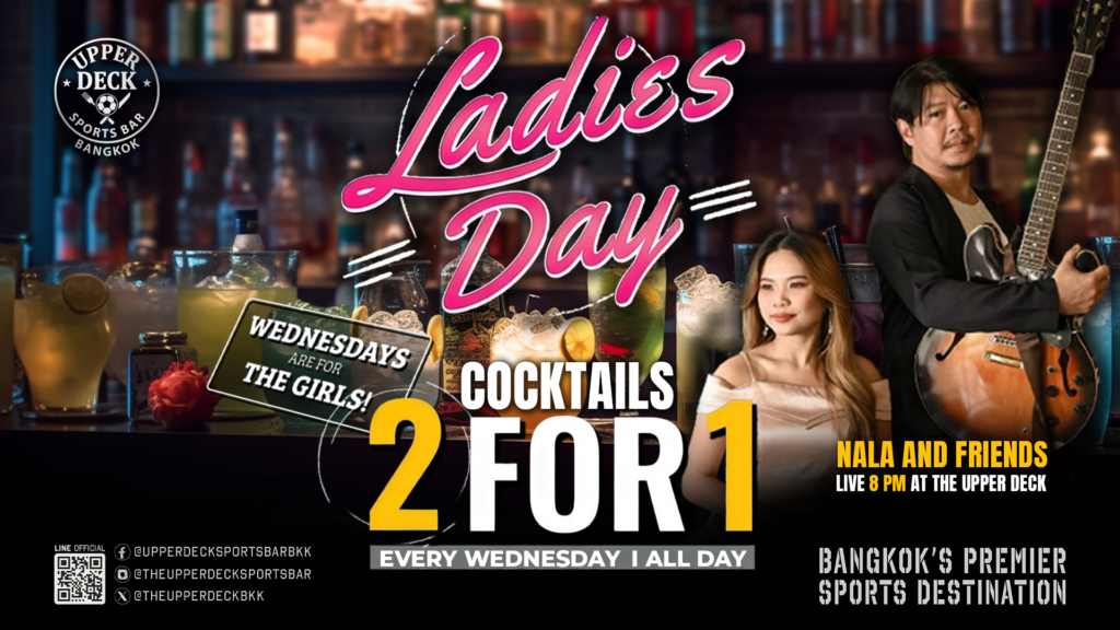 Ladies Night at Upper Deck Sports Bar Bangkok with 2 for 1 cocktails and live music