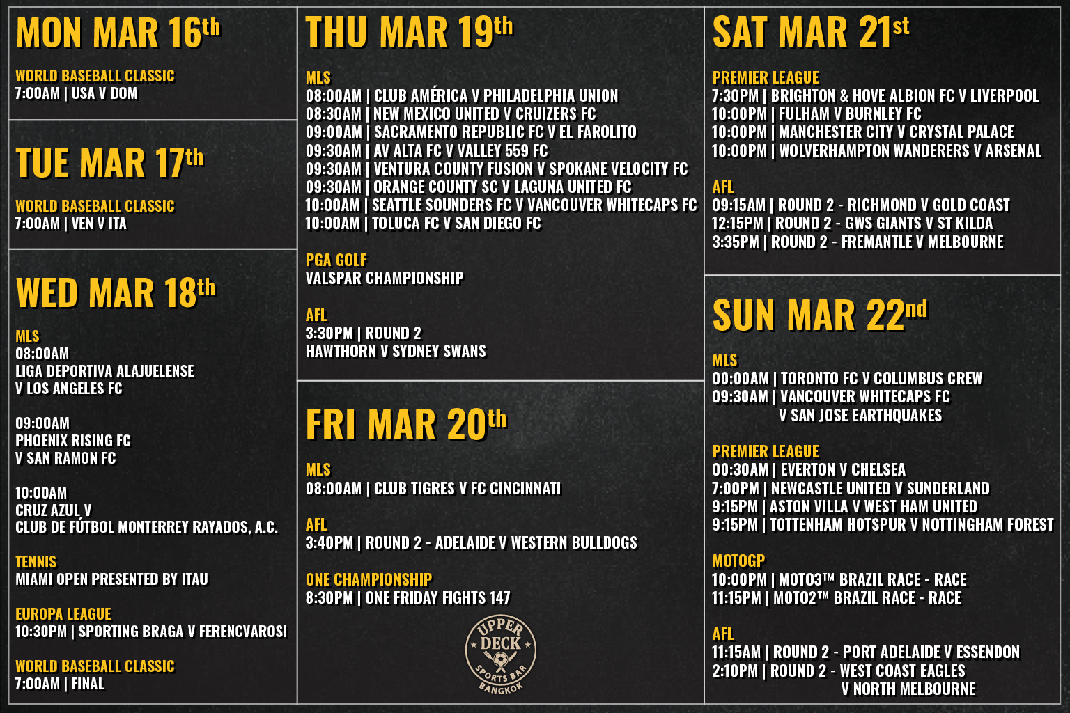 Live sports schedule at Upper Deck Sports Bar Bangkok March 16 to 22