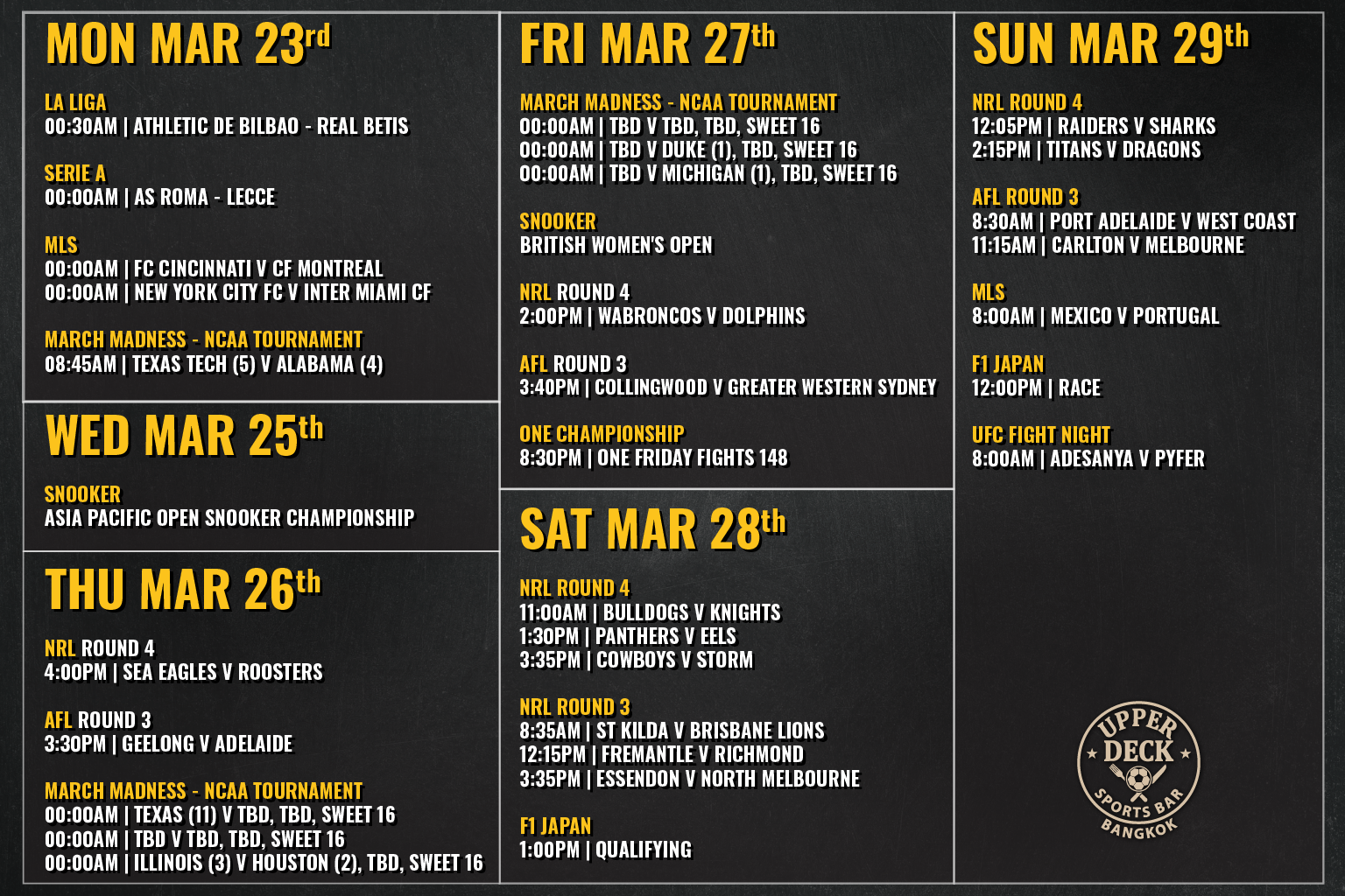 Live sports this week at Upper Deck Sports Bar Bangkok showing AFL, F1 Japan Grand Prix, UFC Fight Night and March Madness on big screens