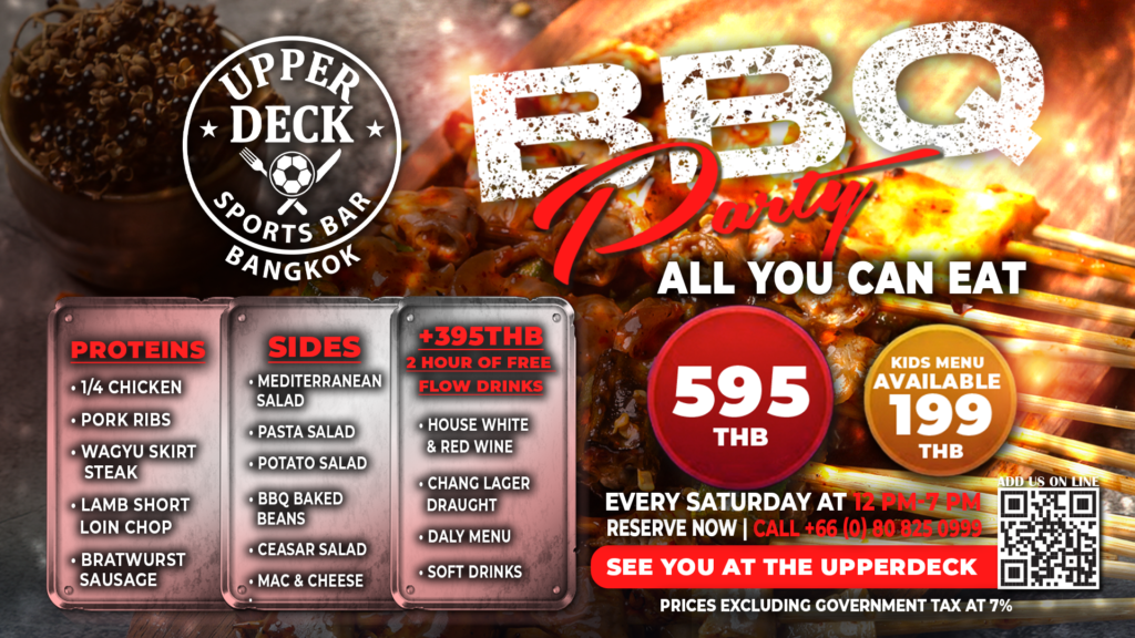 A spread of grilled Wagyu skirt steak, pork ribs, and Mediterranean salads at the Upper Deck Sports Bar BBQ buffet.