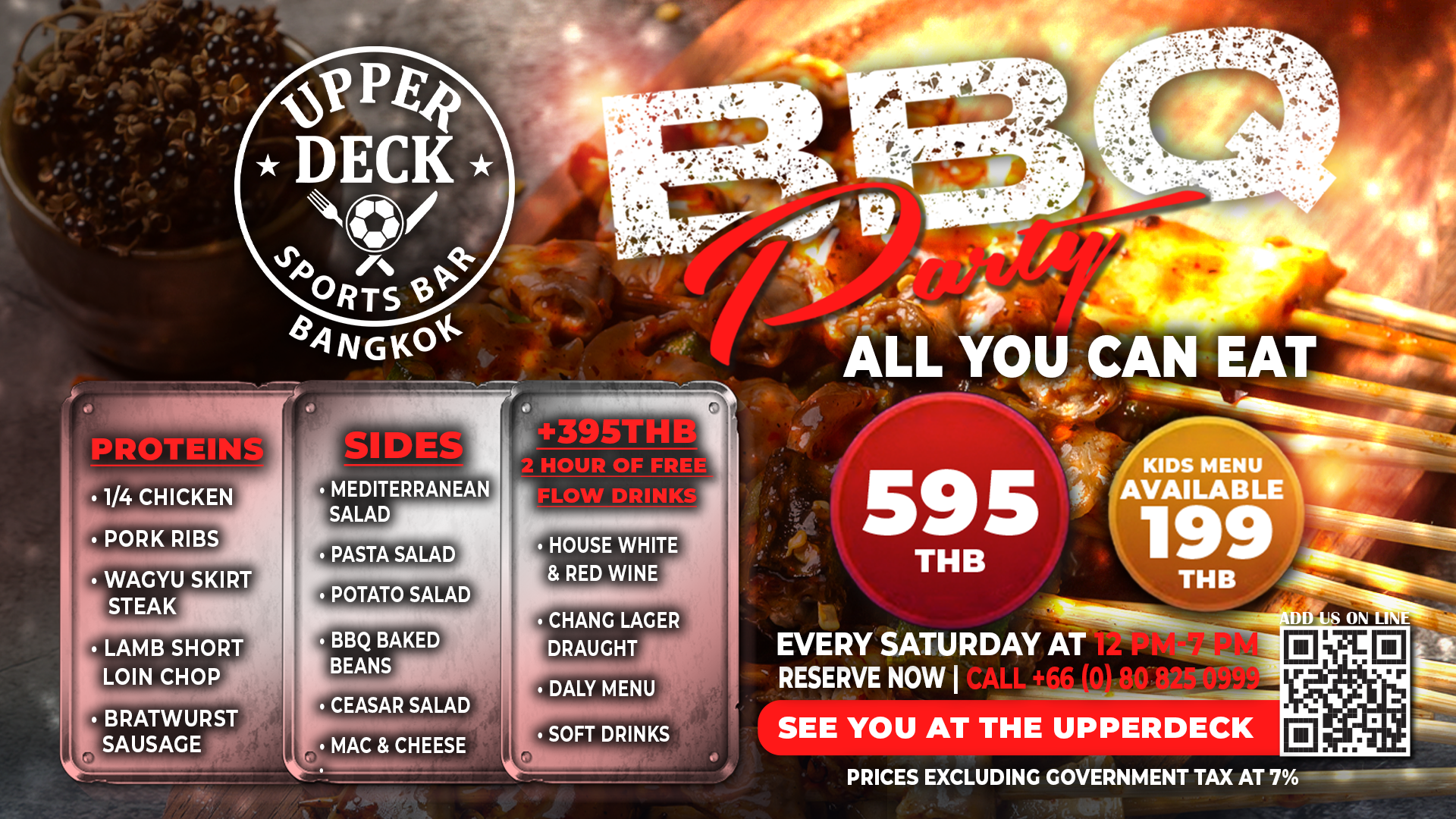 A spread of grilled Wagyu skirt steak, pork ribs, and Mediterranean salads at the Upper Deck Sports Bar BBQ buffet.