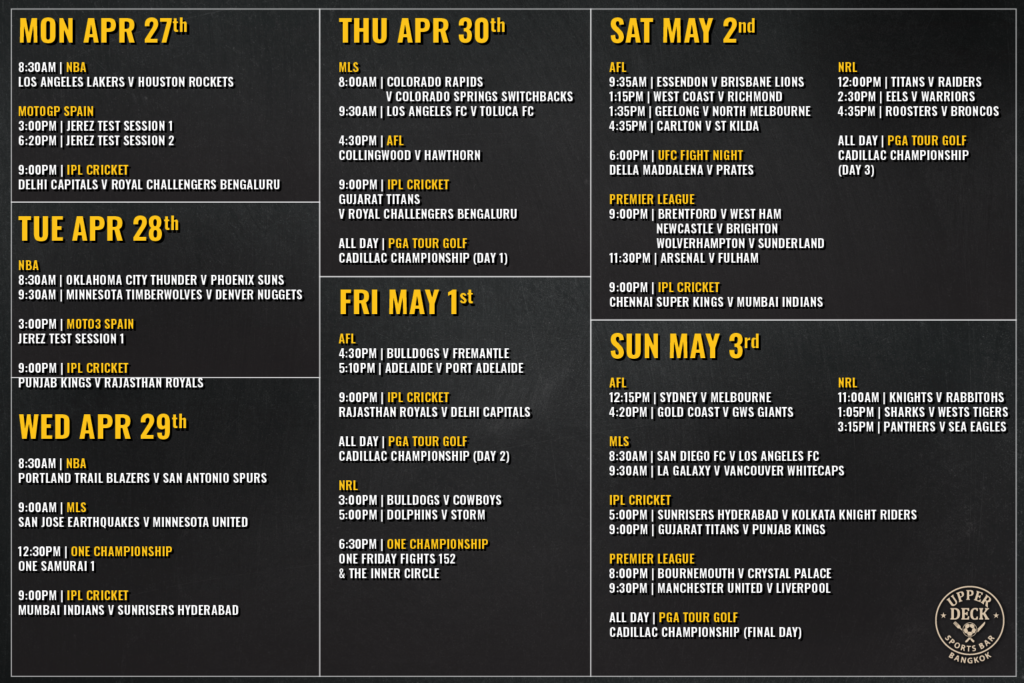 Weekly live sports schedule at The Upper Deck Sports Bar Bangkok including Premier League, NBA, and AFL