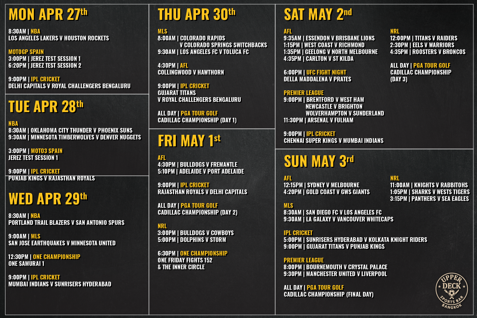 Weekly live sports schedule at The Upper Deck Sports Bar Bangkok including Premier League, NBA, and AFL