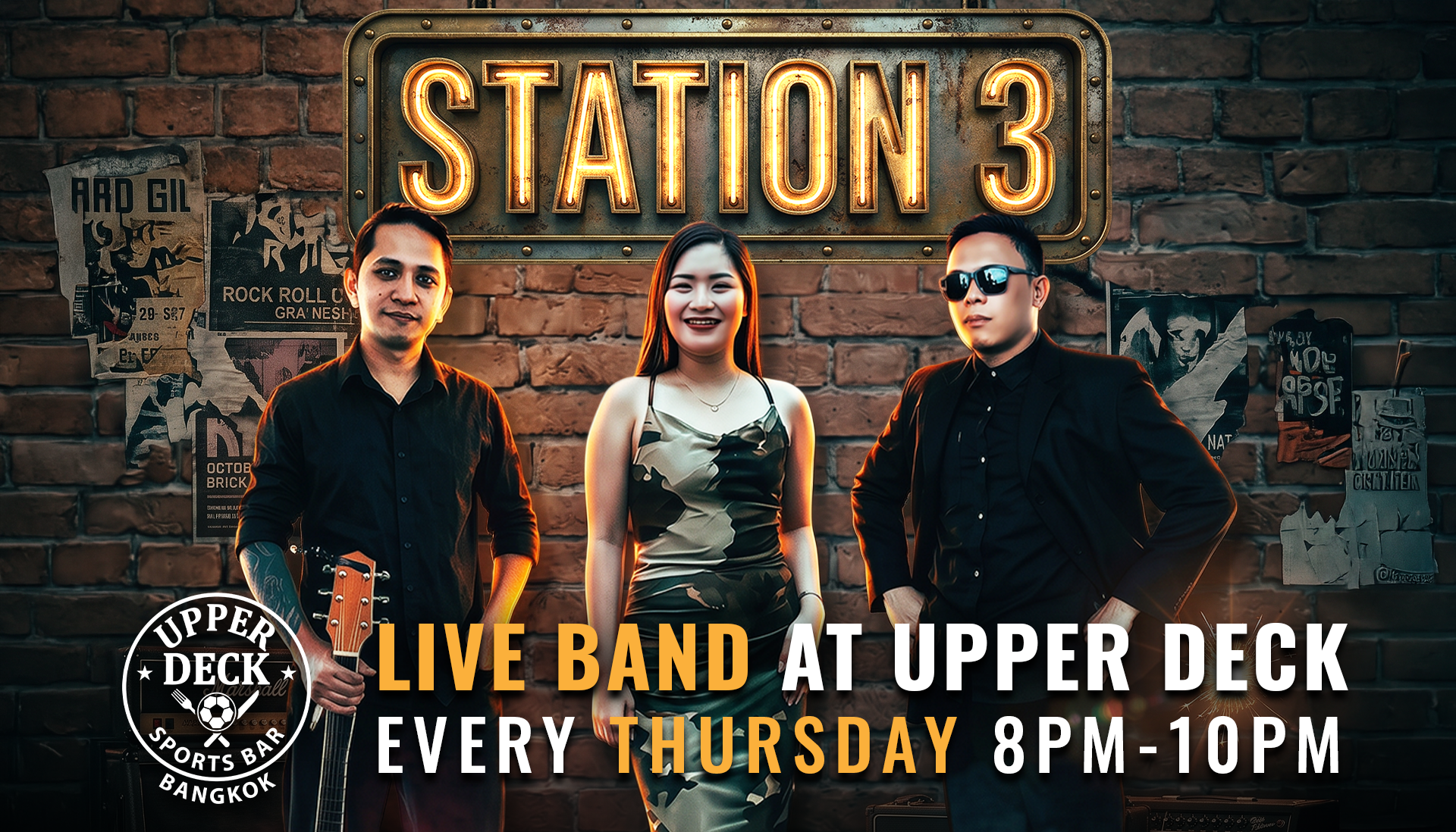 Station 3 live band performing at Upper Deck Sports Bar rooftop in Bangkok.