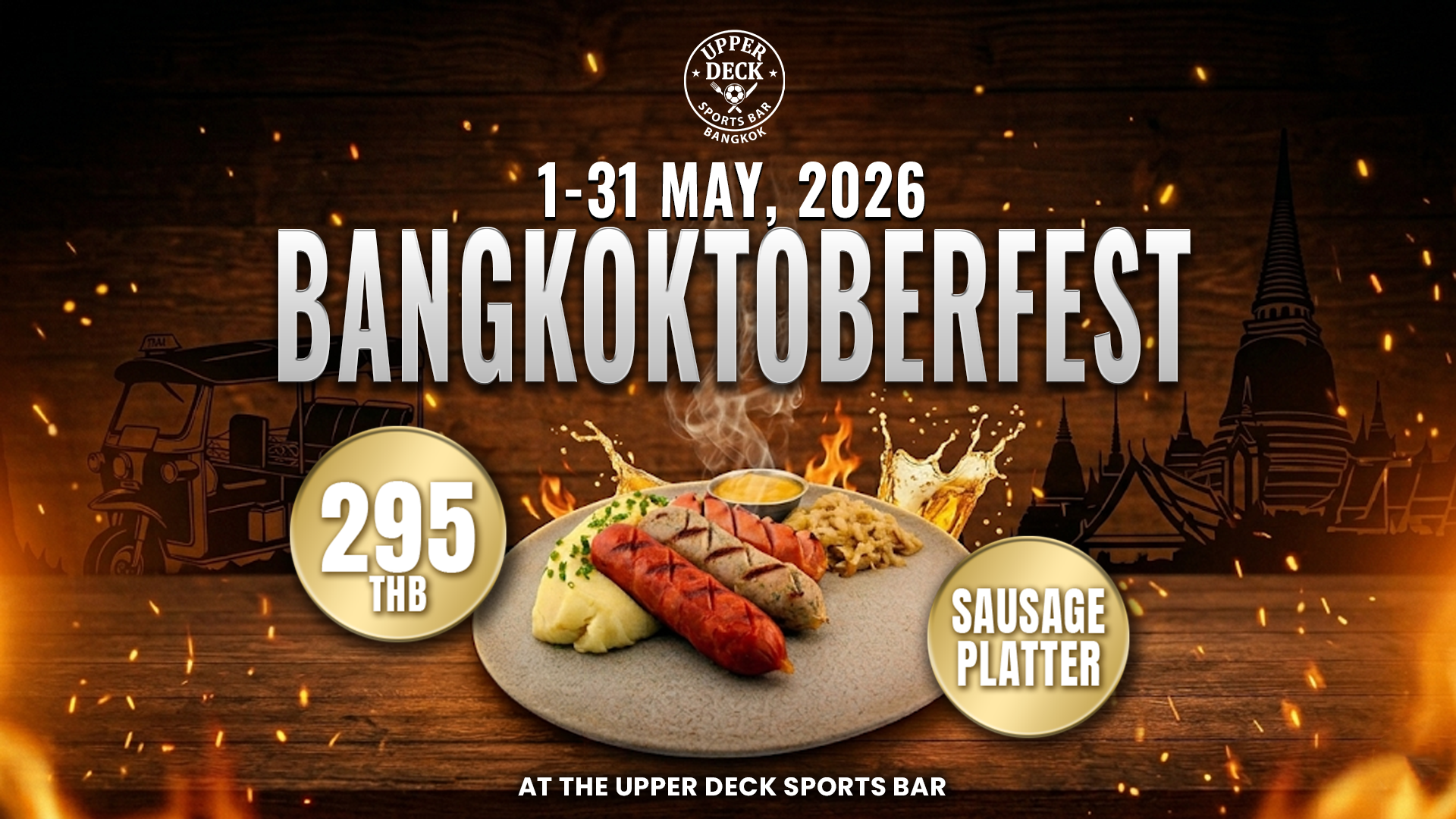 Bangkoktoberfest 2026 sausage platter with mashed potatoes and sauerkraut at The Upper Deck Sports Bar Bangkok.
