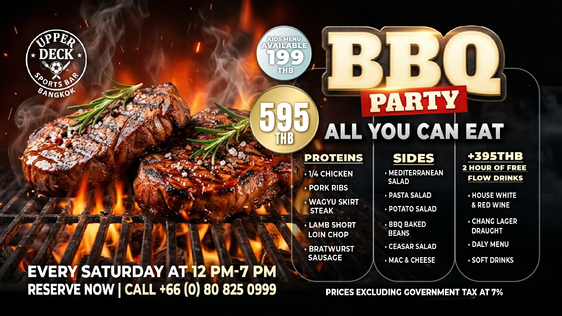All You Can Eat BBQ Party at The Upper Deck Sports Bar Bangkok featuring Wagyu steak and pork ribs.