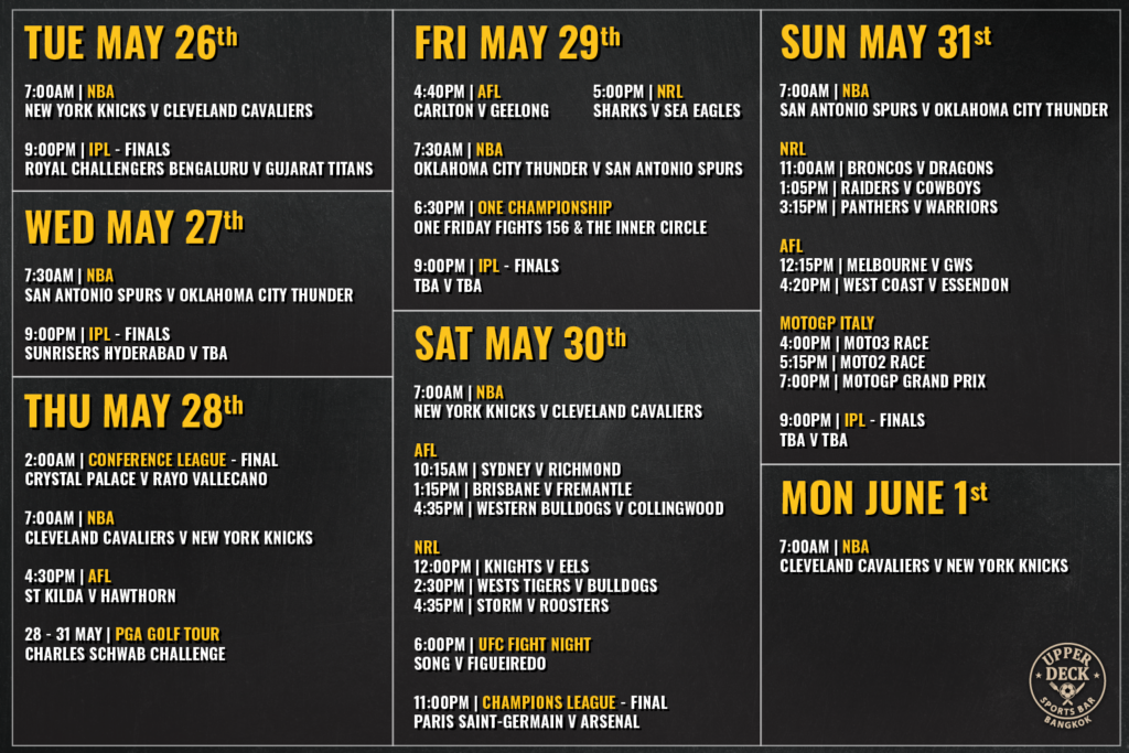 Sport schedule this week 26 May till June 1, 2026 at Upper Deck Sports Bar in Bangkok