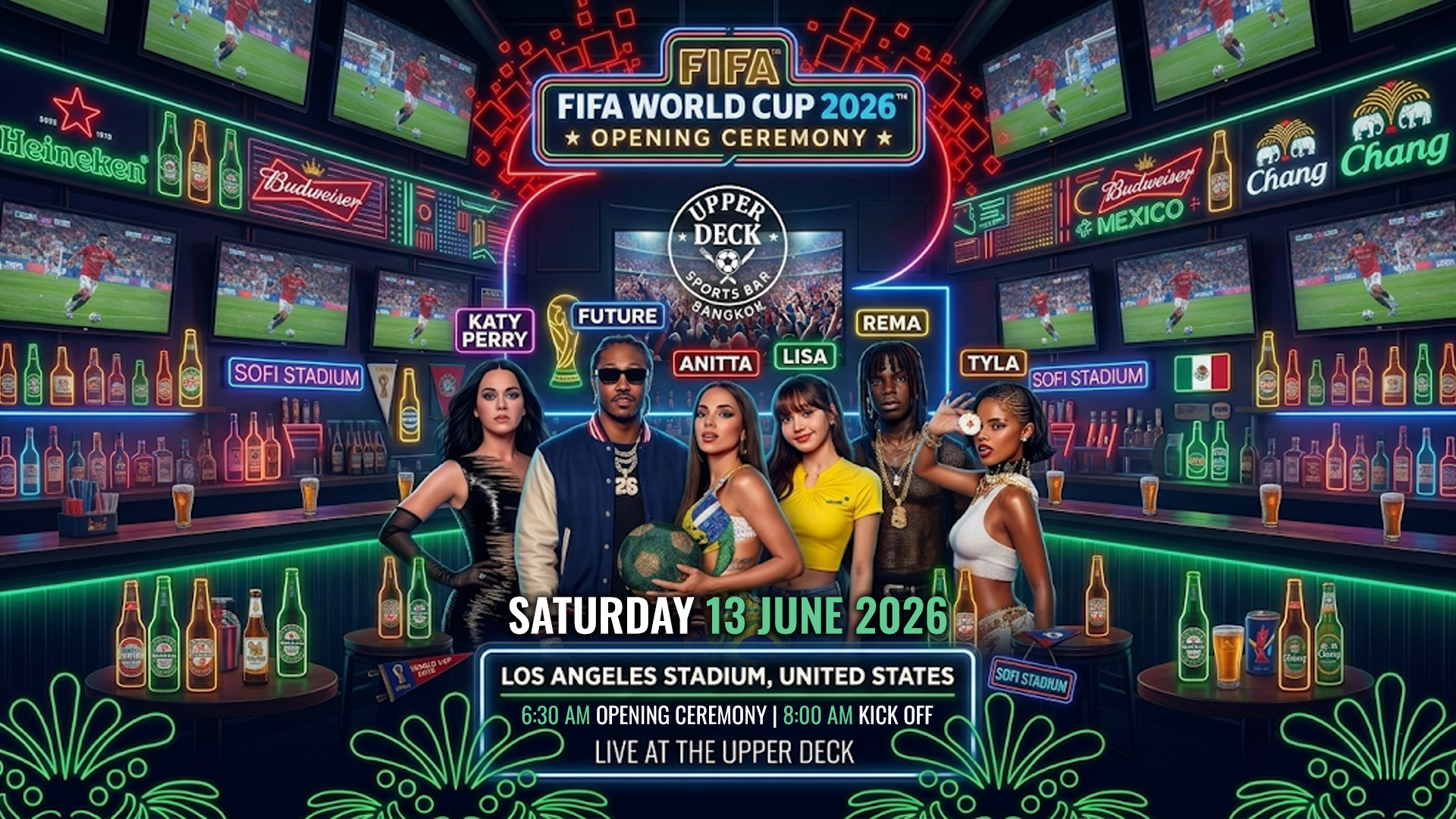 FIFA World Cup 2026 Opening Ceremony live screening timeline at Upper Deck Sports Bar Bangkok with Lisa and Katy Perry.