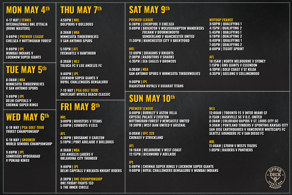 Weekly live sports schedule at The Upper Deck Sports Bar Bangkok including UFC, Premier League, and AFL