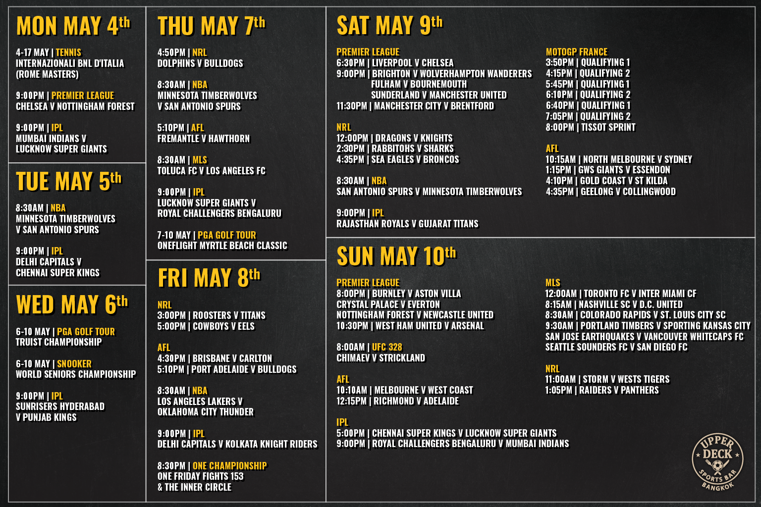 Weekly live sports schedule at The Upper Deck Sports Bar Bangkok including UFC, Premier League, and AFL