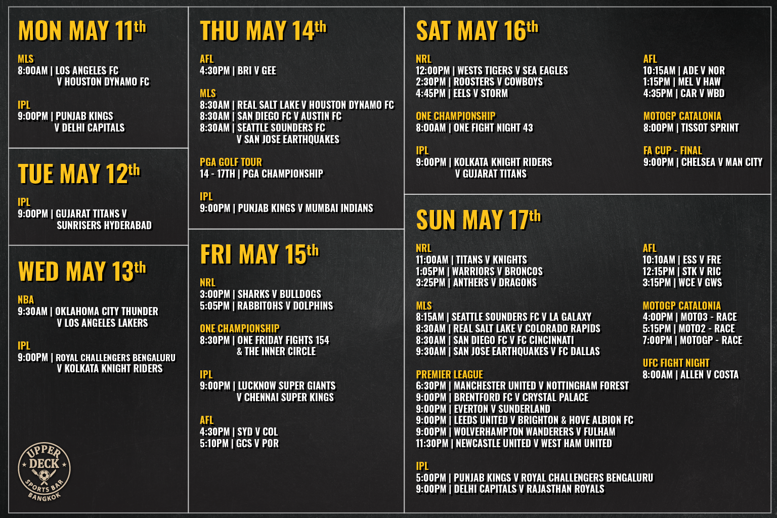 Weekly live sports schedule at The Upper Deck Sports Bar Bangkok featuring FA Cup, IPL, and UFC