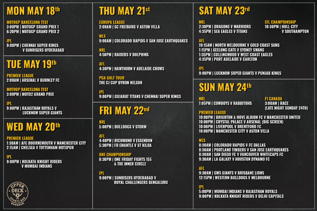 Weekly live sports schedule at The Upper Deck Sports Bar Bangkok featuring Premier League, IPL, NRL, and Formula 1