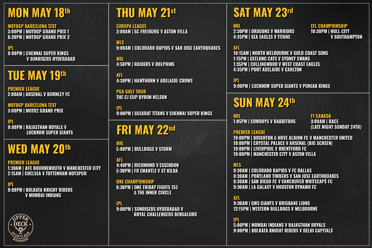Weekly live sports schedule at The Upper Deck Sports Bar Bangkok featuring Premier League, IPL, NRL, and Formula 1