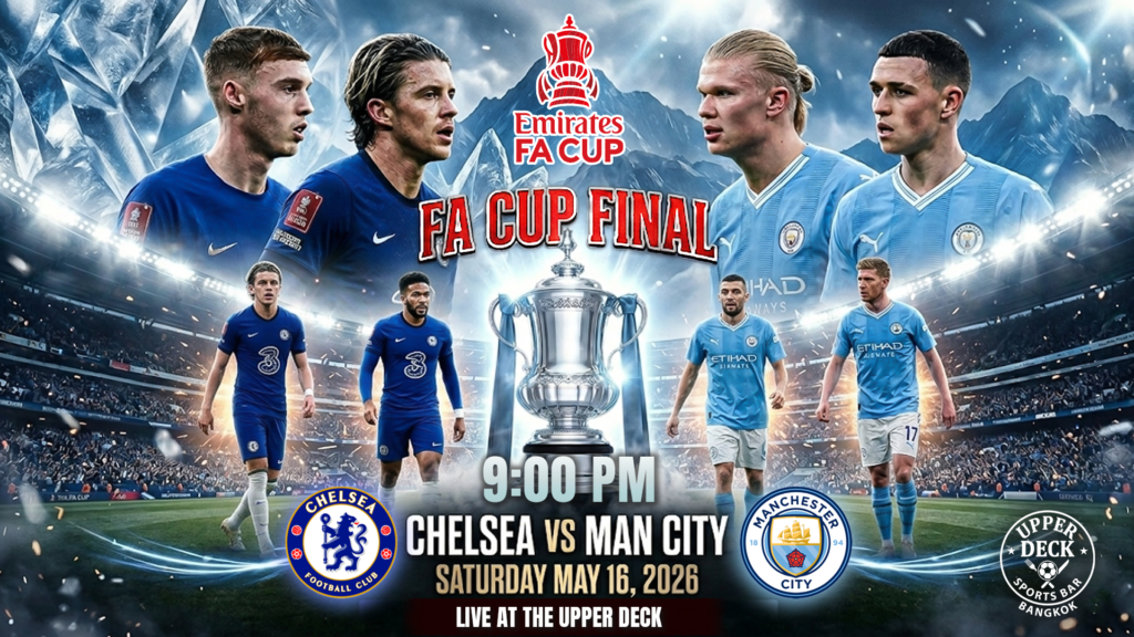Fans watching Chelsea vs Manchester City FA Cup Final live at Upper Deck Sports Bar Bangkok rooftop