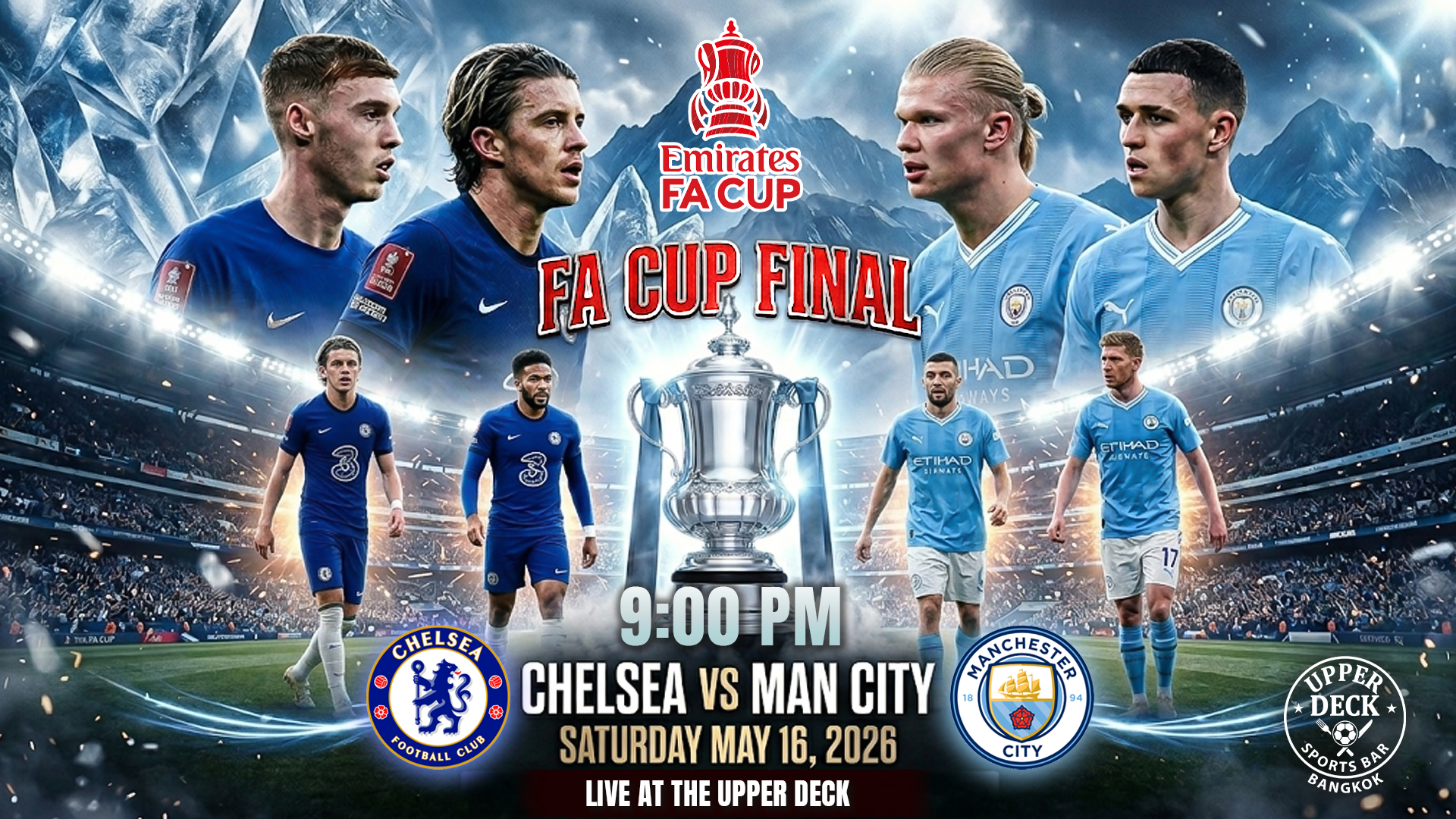 Fans watching Chelsea vs Manchester City FA Cup Final live at Upper Deck Sports Bar Bangkok rooftop