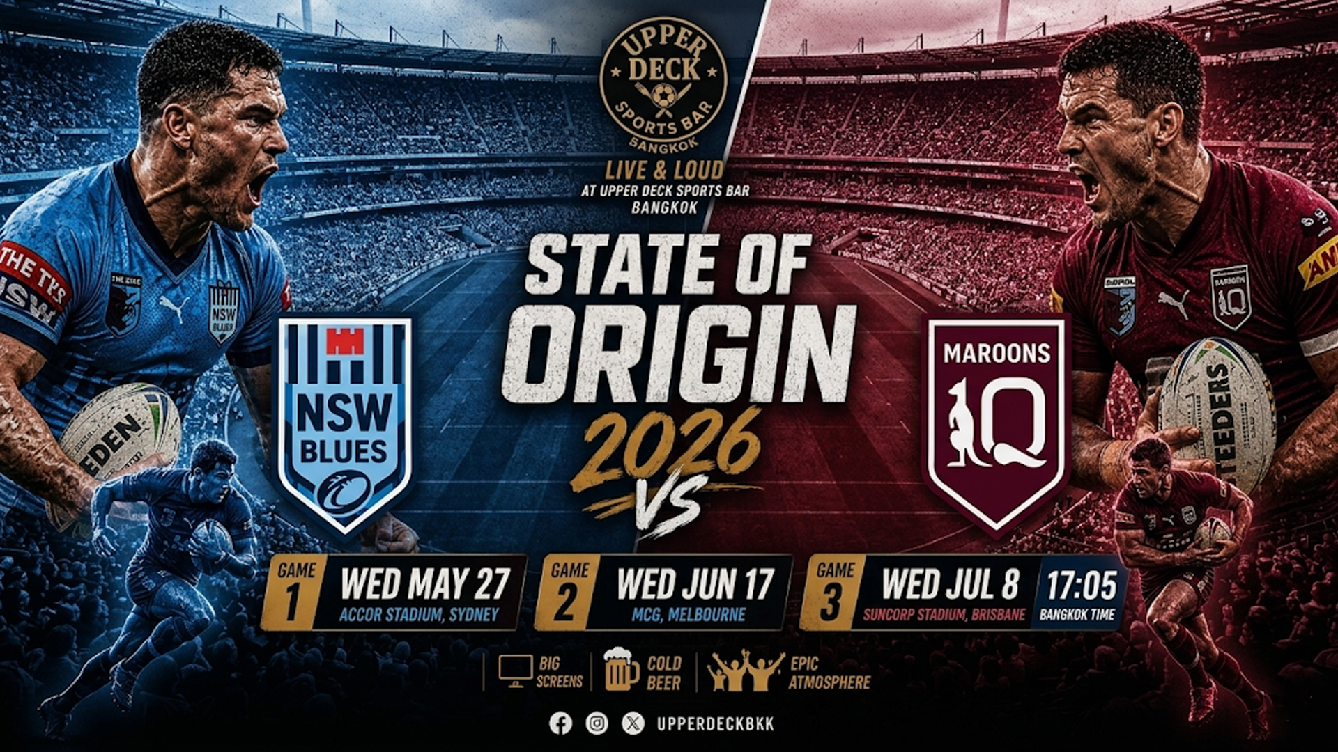 State of Origin 2026 live match screening schedule poster at Upper Deck Sports Bar Bangkok
