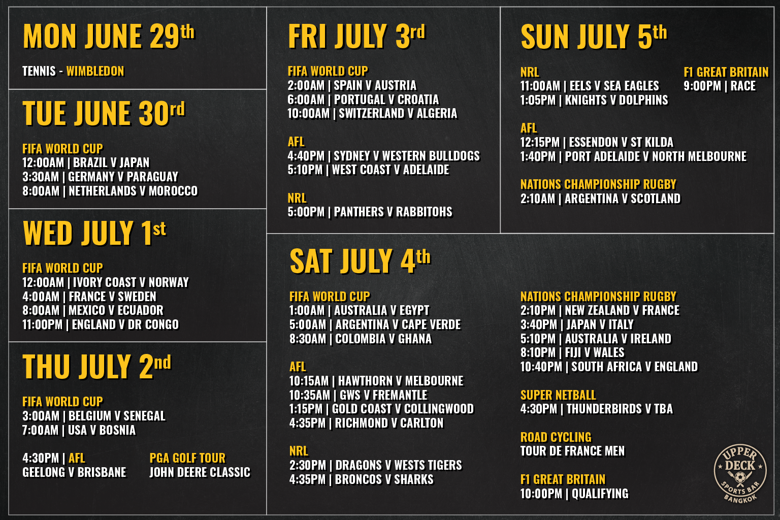 Weekly live sports schedule at The Upper Deck Sports Bar Bangkok featuring FIFA World Cup, Wimbledon, F1 Great Britain, AFL, and NRL