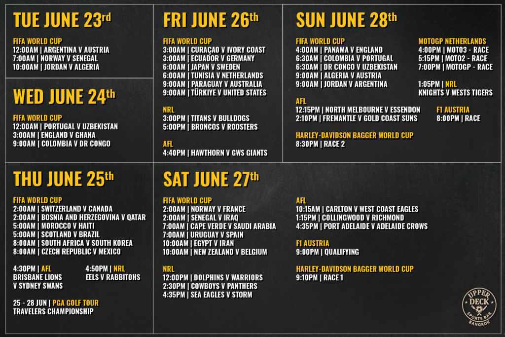 Sport schedule for premium rooftop sports bar in Sukhumvit Bangkok with large screens showing live football matches and more