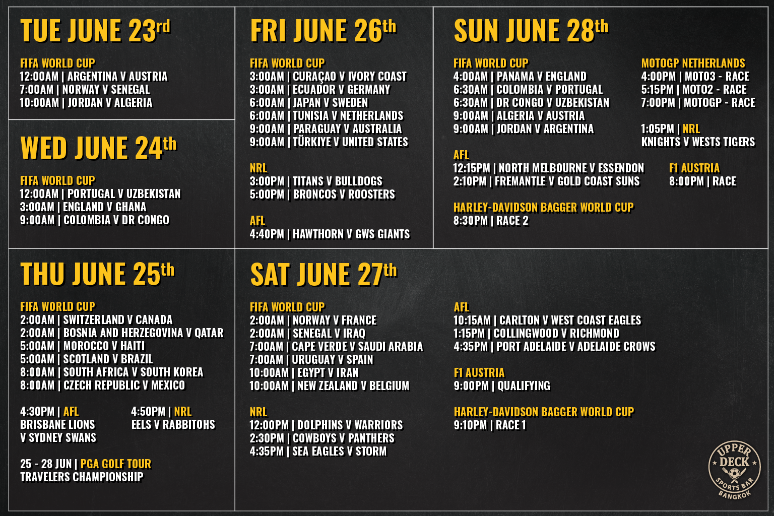 Sport schedule for premium rooftop sports bar in Sukhumvit Bangkok with large screens showing live football matches and more