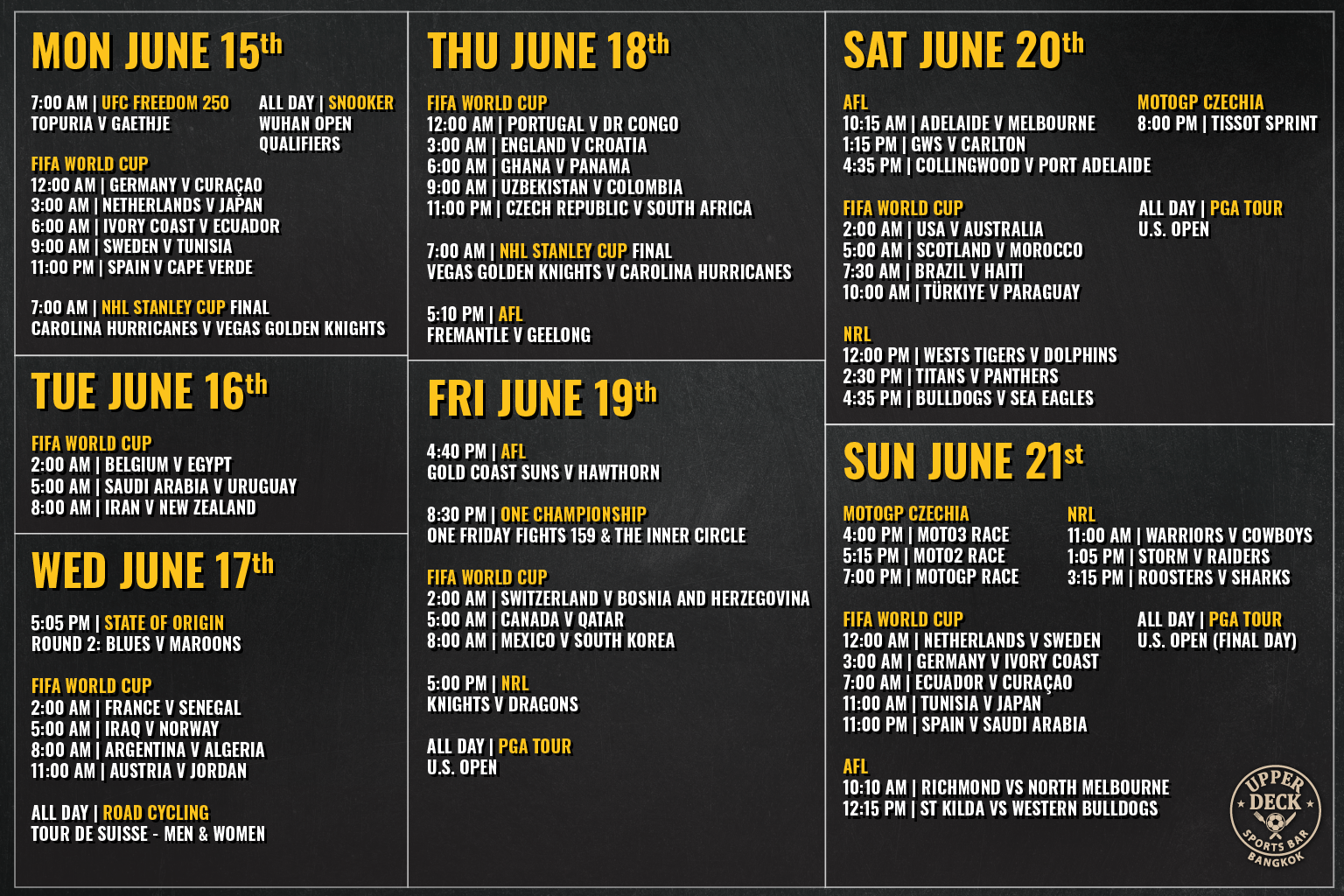 live match broadcasts schedule at a premier live sports bar in Bangkok