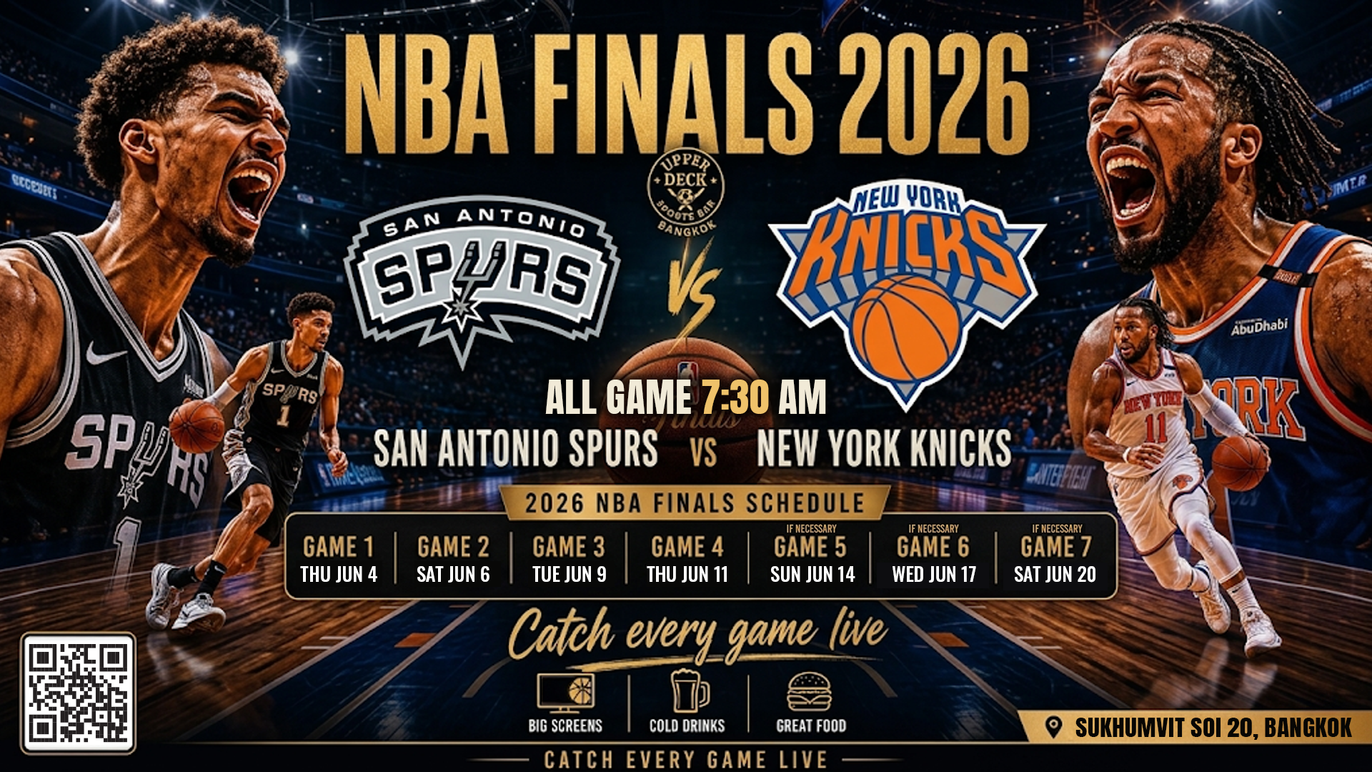 NBA Finals 2026 live broadcast schedule on the big screens at Upper Deck Sports Bar Bangkok
