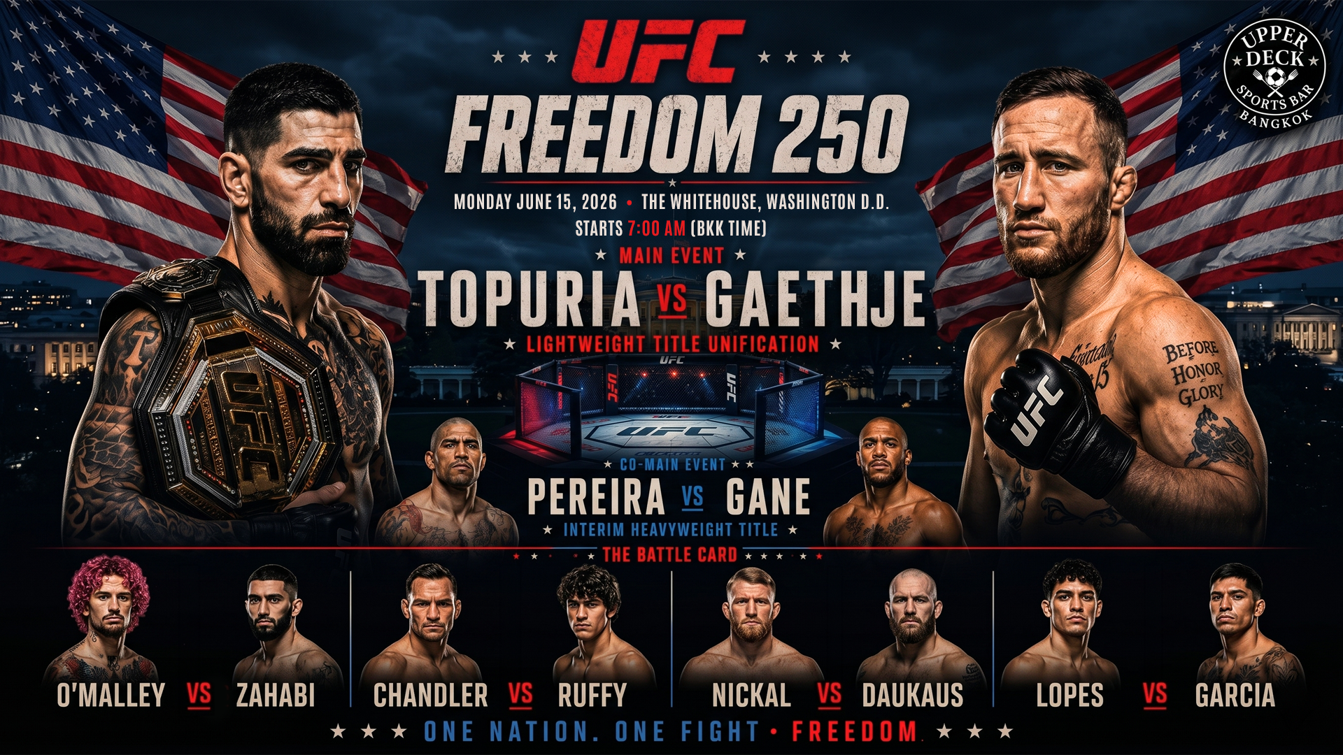 UFC Freedom 250 Topuria vs Gaethje live fight card schedule at Upper Deck Sports Bar Bangkok