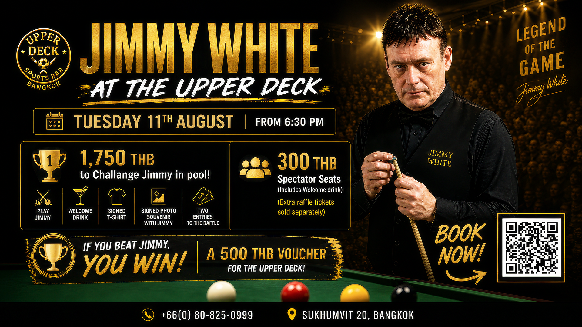 Promotional poster for Jimmy White live event at The Upper Deck Sports Bar on Sukhumvit Soi 20 in Bangkok, featuring ticket prices and event details.