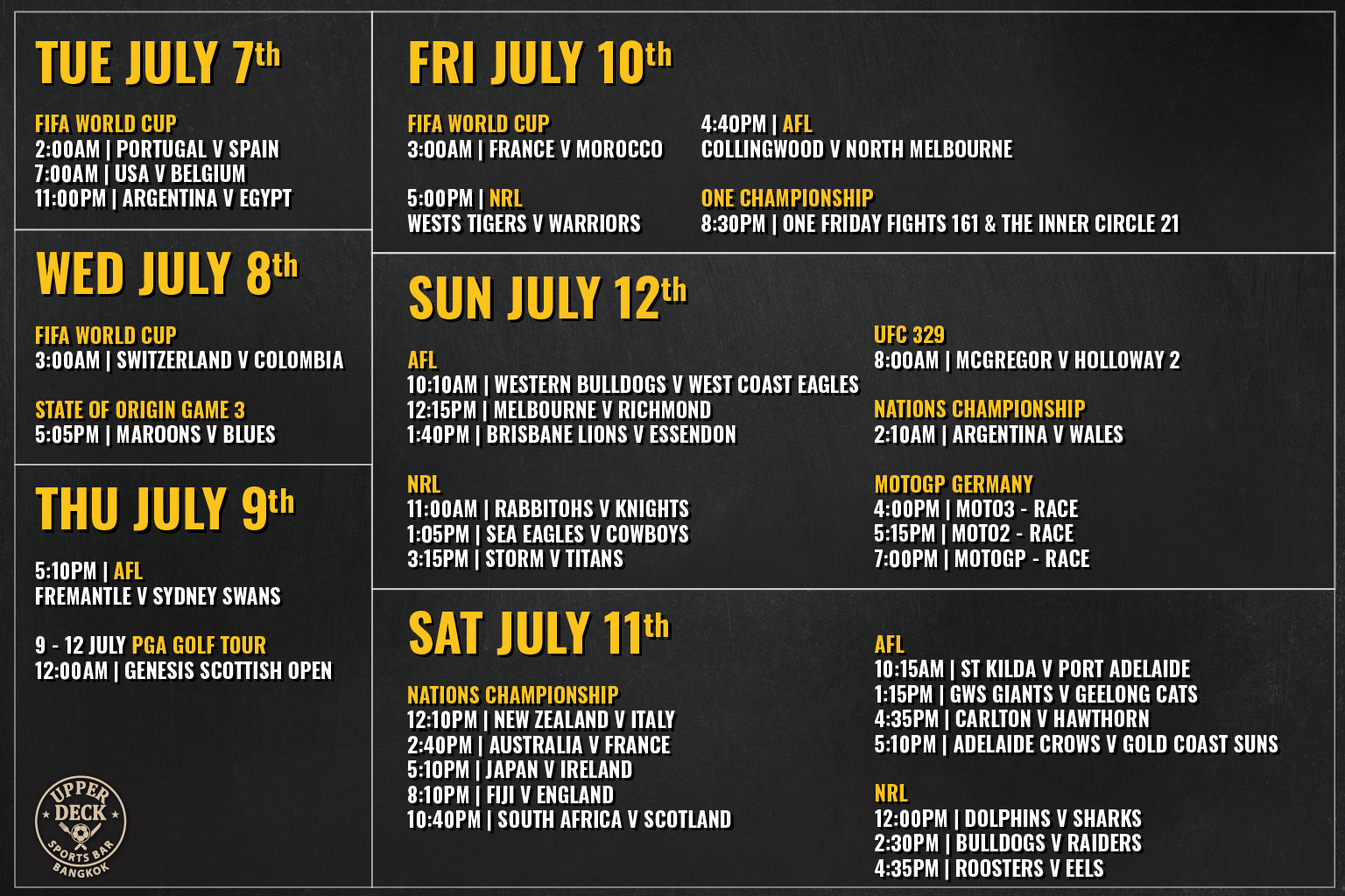 Complete weekly live sports schedule banner at The Upper Deck Sports Bar Bangkok for July 6 to July 12, 2026