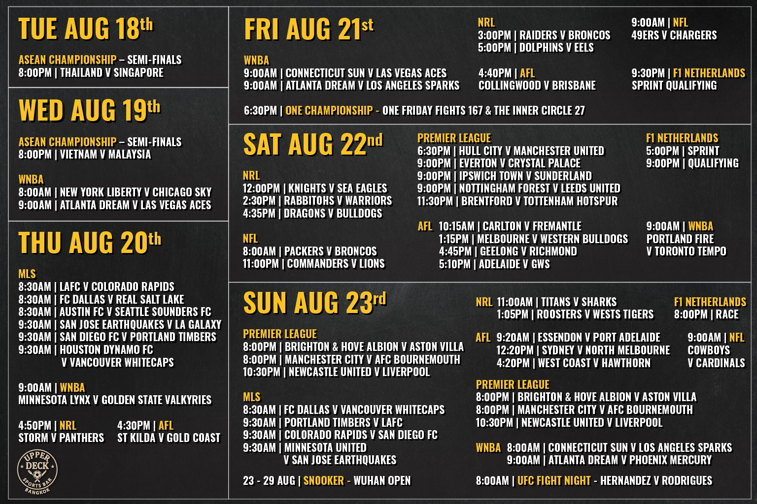 Live sports schedule for August 18 to 23 at The Upper Deck Sports Bar in Bangkok featuring Premier League, F1, AFL, and NRL.