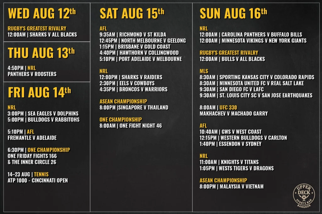 Live sports schedule for August 10 to 16 in Bangkok featuring UFC, NRL, AFL, and ASEAN Championship
