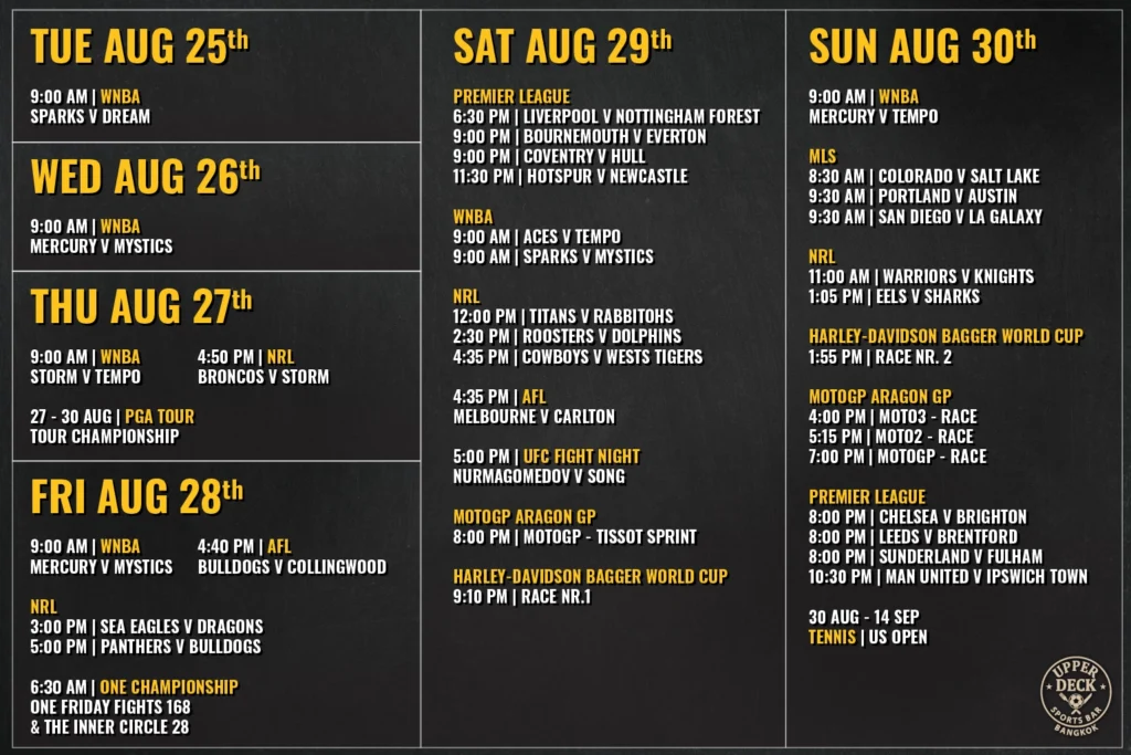 Weekly live sports schedule at The Upper Deck Sports Bar in Sukhumvit Soi 20 Bangkok showing Premier League, AFL, NRL, UFC, and MotoGP fixtures.