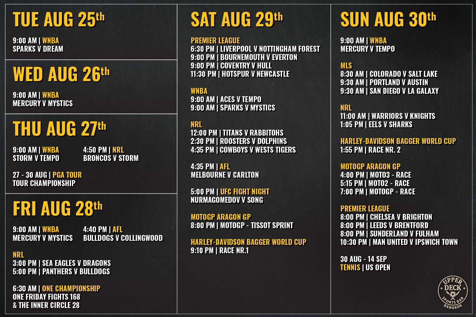 Weekly live sports schedule at The Upper Deck Sports Bar in Sukhumvit Soi 20 Bangkok showing Premier League, AFL, NRL, UFC, and MotoGP fixtures.