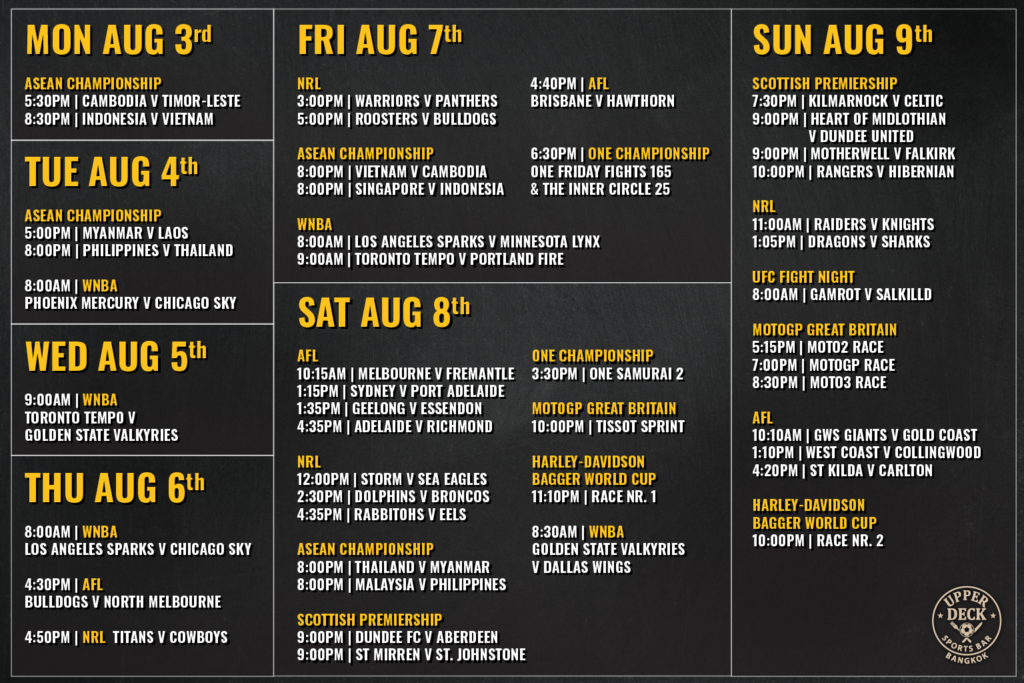 Where to watch sports in Bangkok: The weekly live sports schedule from August 3rd to 9th at The Upper Deck, featuring ASEAN Championship, UFC, AFL, and NRL