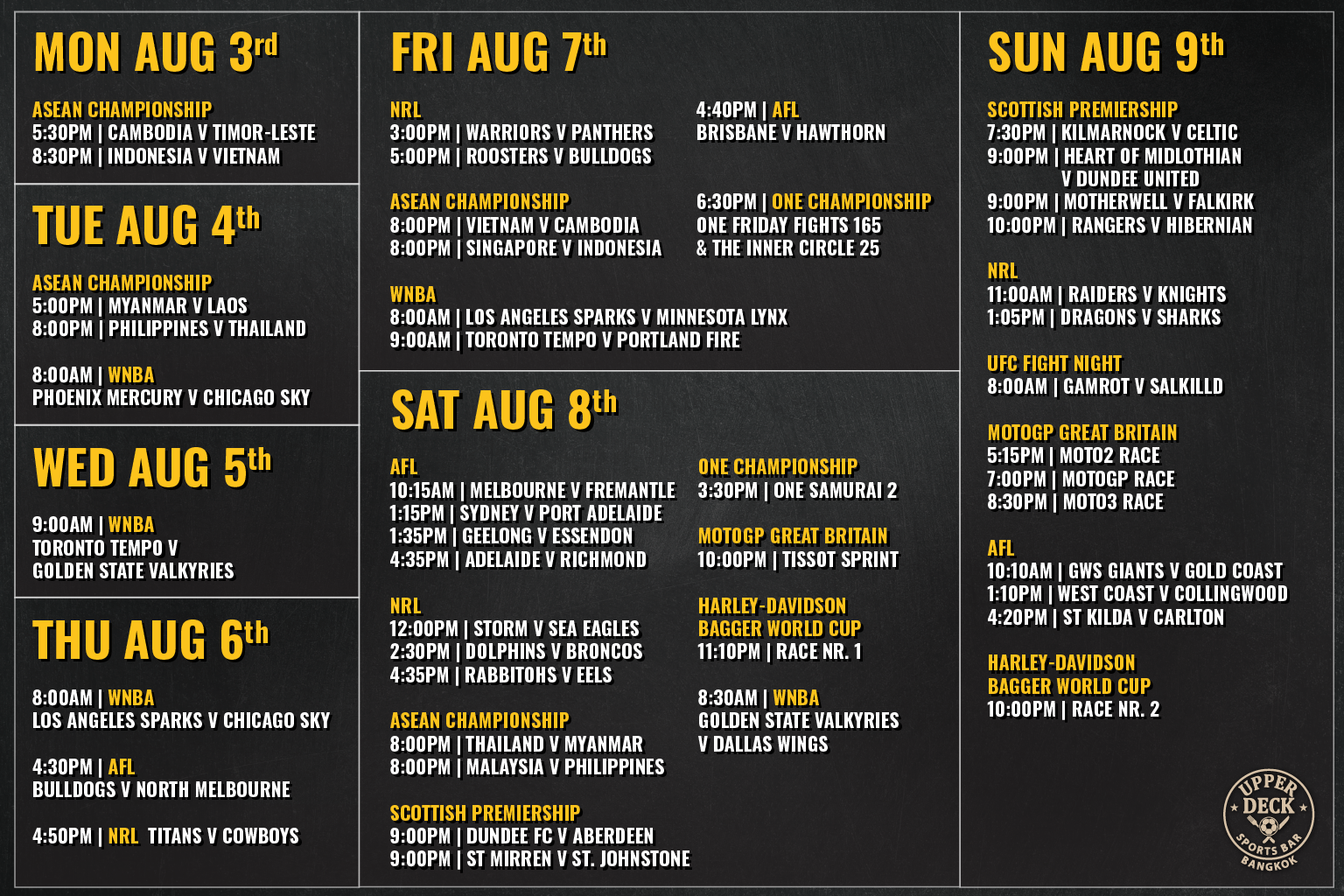 Where to watch sports in Bangkok: The weekly live sports schedule from August 3rd to 9th at The Upper Deck, featuring ASEAN Championship, UFC, AFL, and NRL