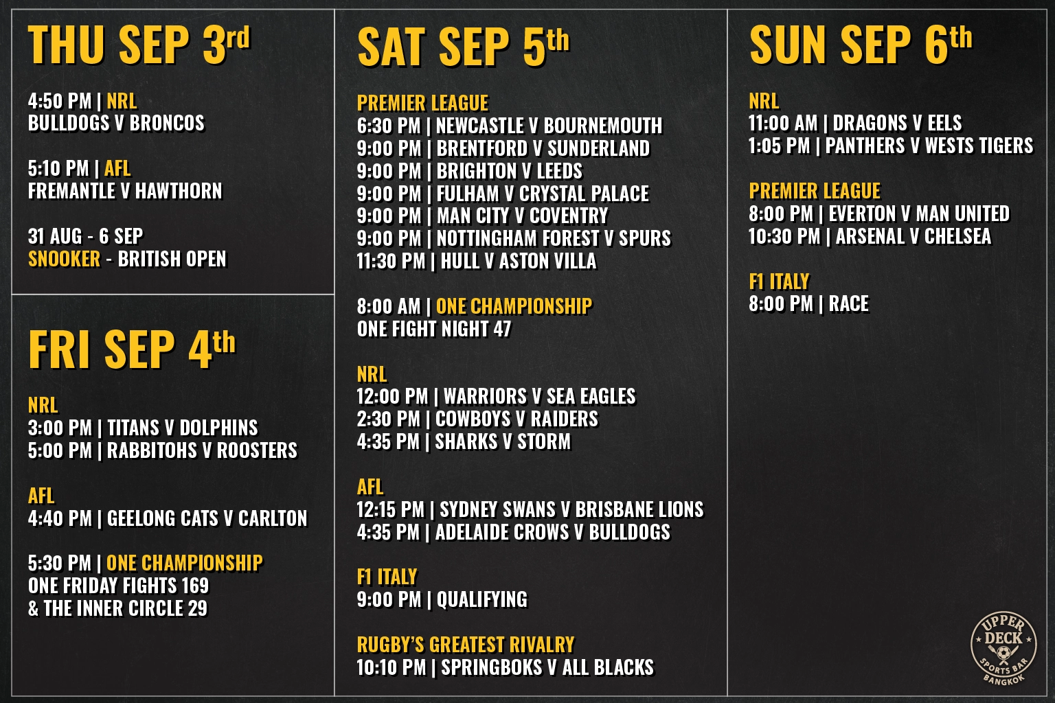 Weekly live sports schedule at The Upper Deck Sports Bar Bangkok for August 31 to September 6 featuring Premier League, F1, NRL, and AFL.