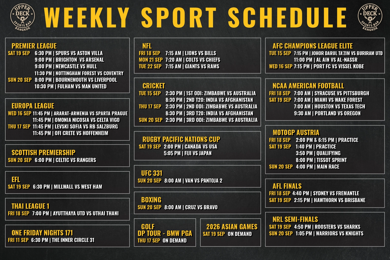 Weekly live sports schedule at The Upper Deck Sports Bar in Sukhumvit Soi 20 Bangkok showing Premier League, UFC 331, Moto GP, AFL and NRL Finals.