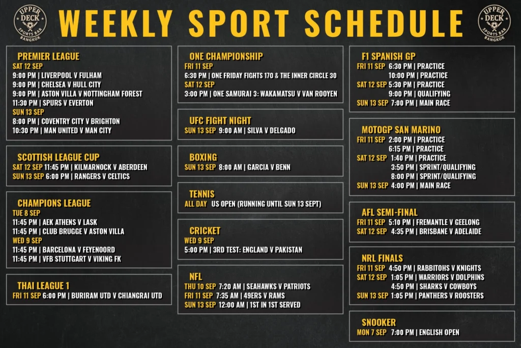 Weekly live sports schedule at The Upper Deck Sports Bar in Sukhumvit Soi 20 Bangkok showing Premier League, F1, NRL, AFL, and UFC.